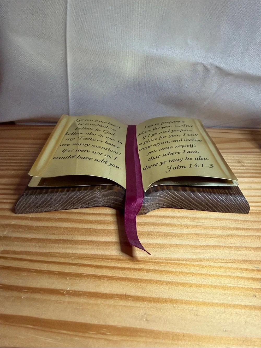 Vintage Brass Open Book Bible Verse Plaque Wood John 14:1-3